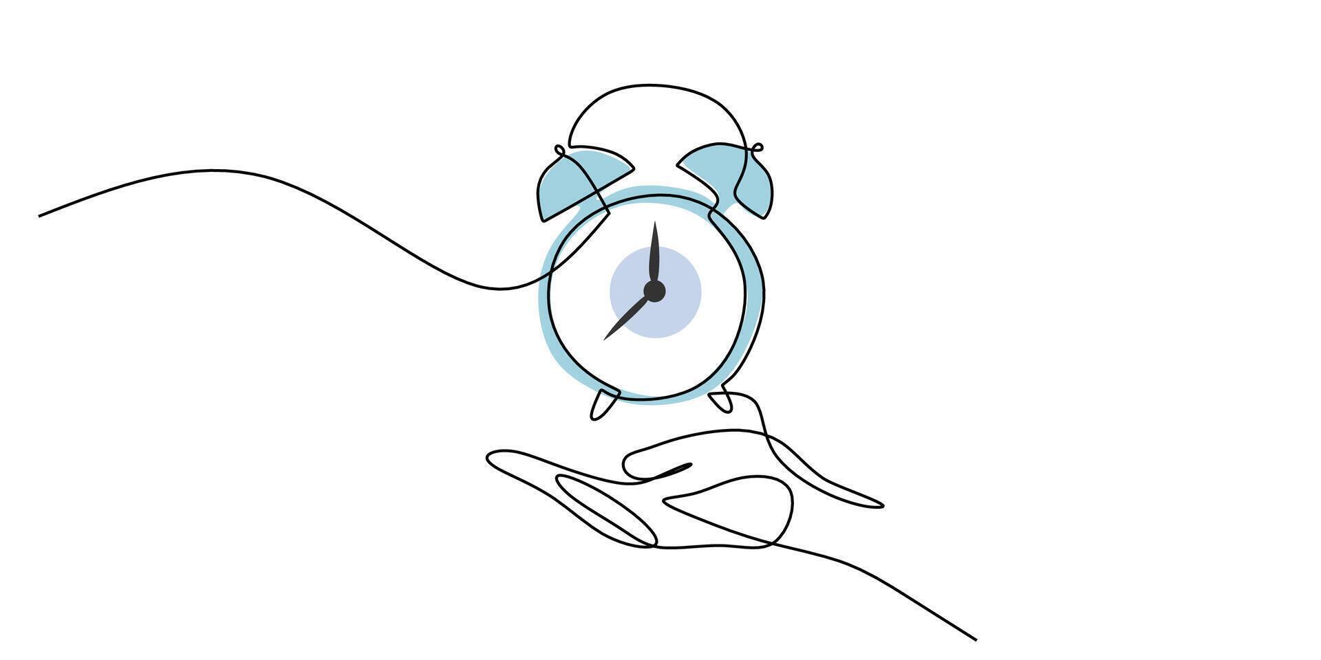 Hand holding a clock in continuous line drawing, symbolizing the passage of time. vector