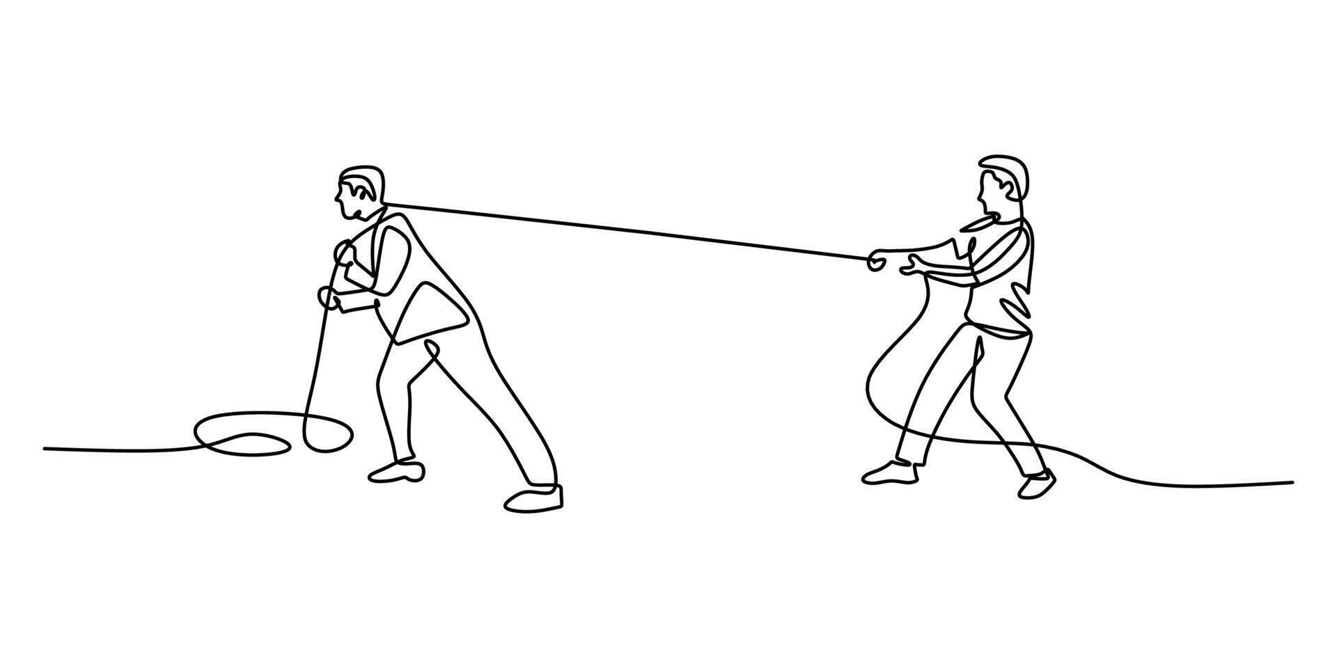 Two people gripping a rope in continuous line drawing, symbolizing teamwork and unity. vector