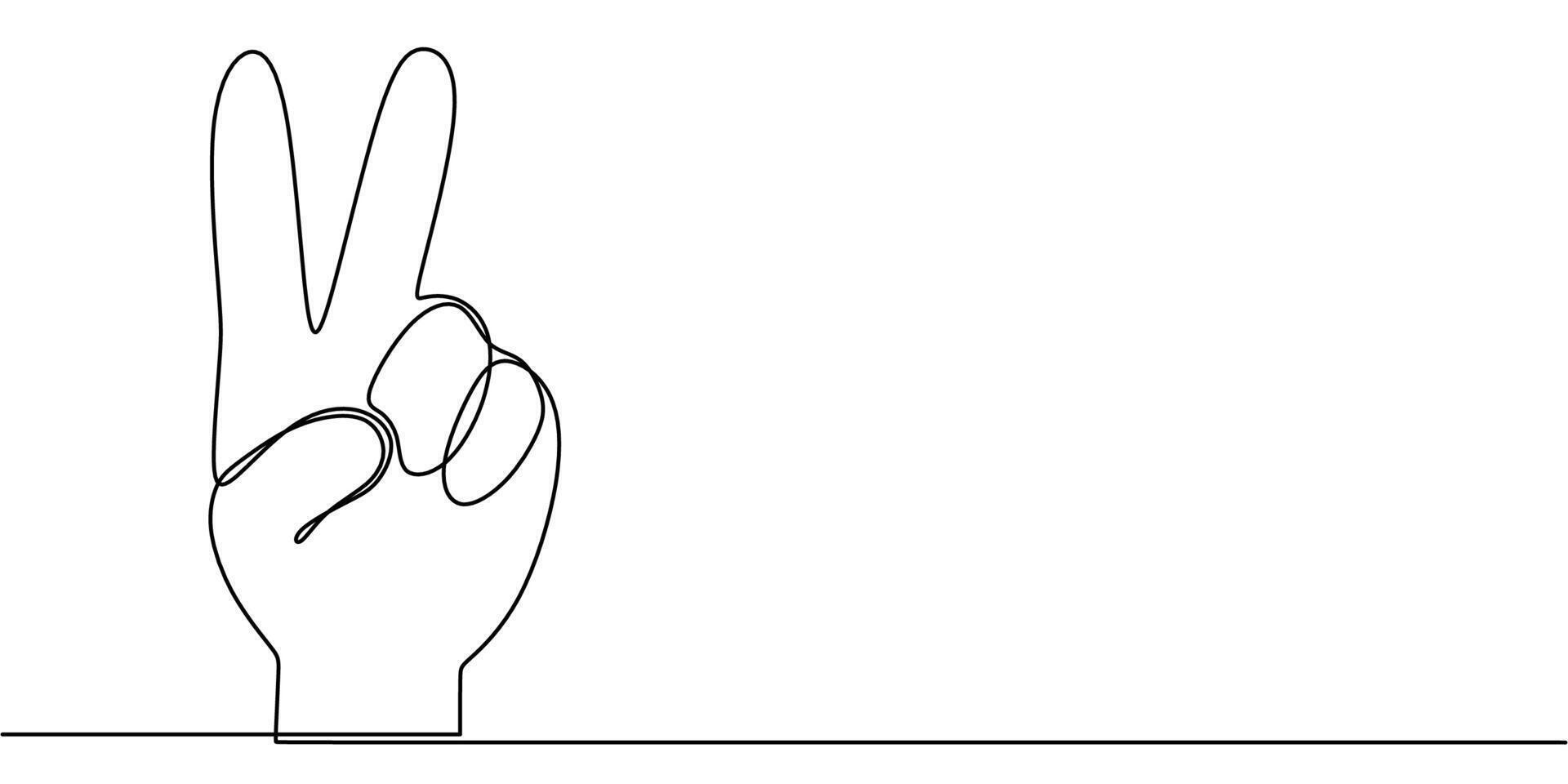 Hand showing peace sign in continuous line drawing, representing peace and hope. vector