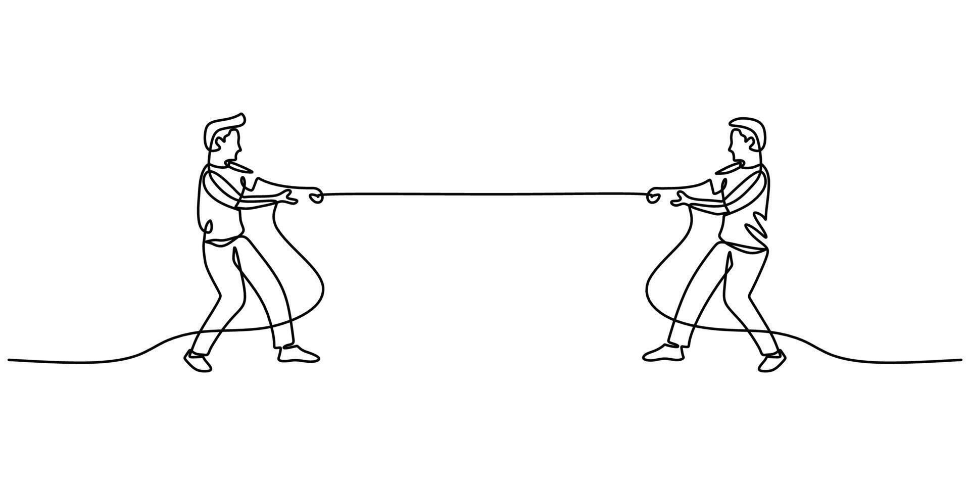 Men gripping a rope in continuous line drawing, symbolizing teamwork and overcoming challenges. vector