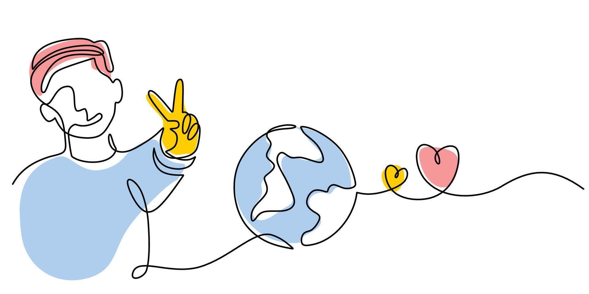Hand Peace Sign gesture with earth and love symbol in continuous line drawing, symbolizing global harmony. vector