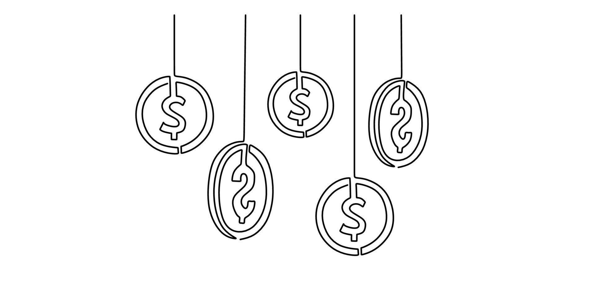 Hanging Dollar Coin one line drawing. Finance, business, and banking concept. Minimalist illustration. vector
