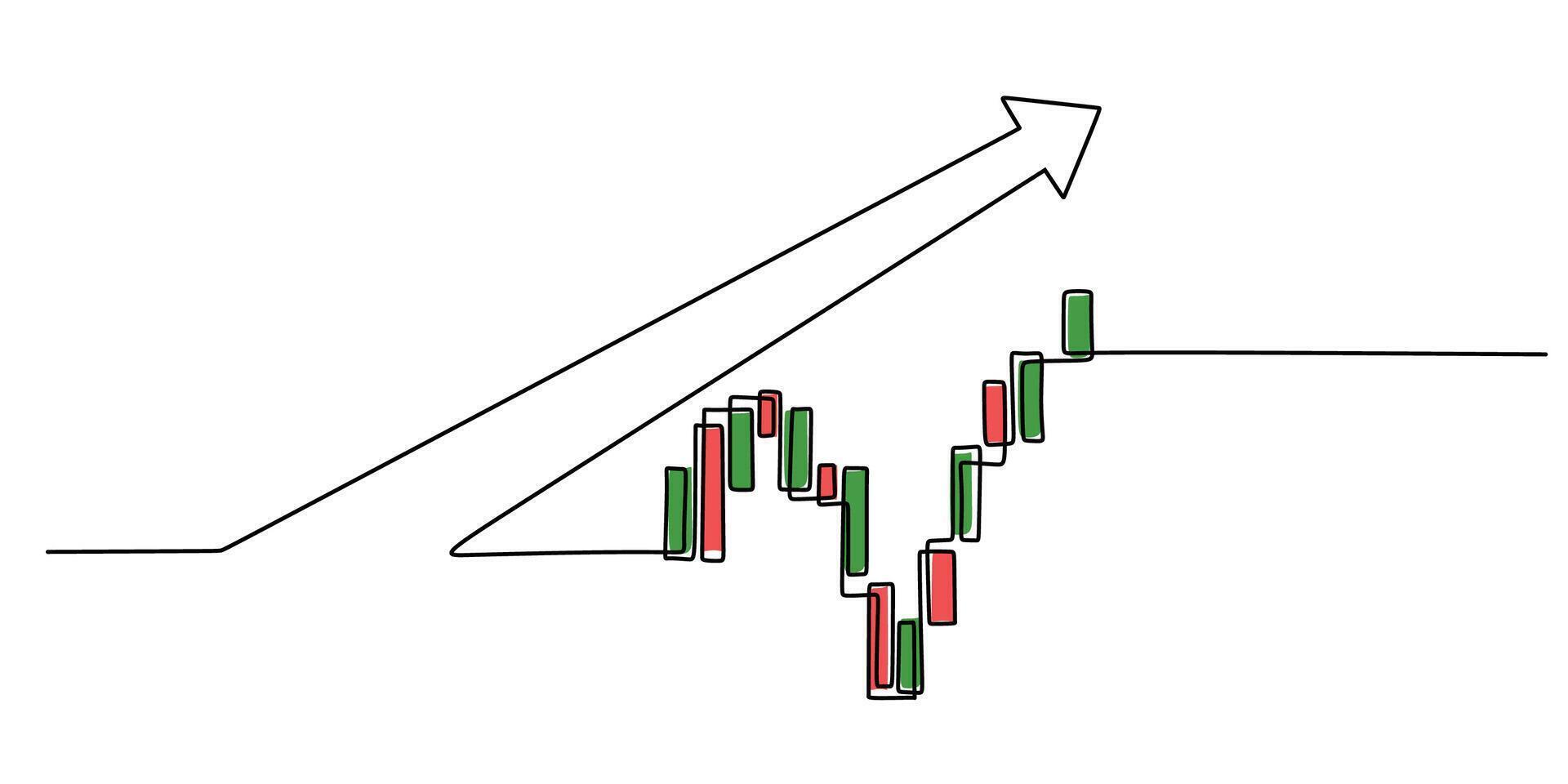 Continuous line drawing of a stock market arrow with candlesticks, symbolizing financial growth and trading. Minimalist art. vector