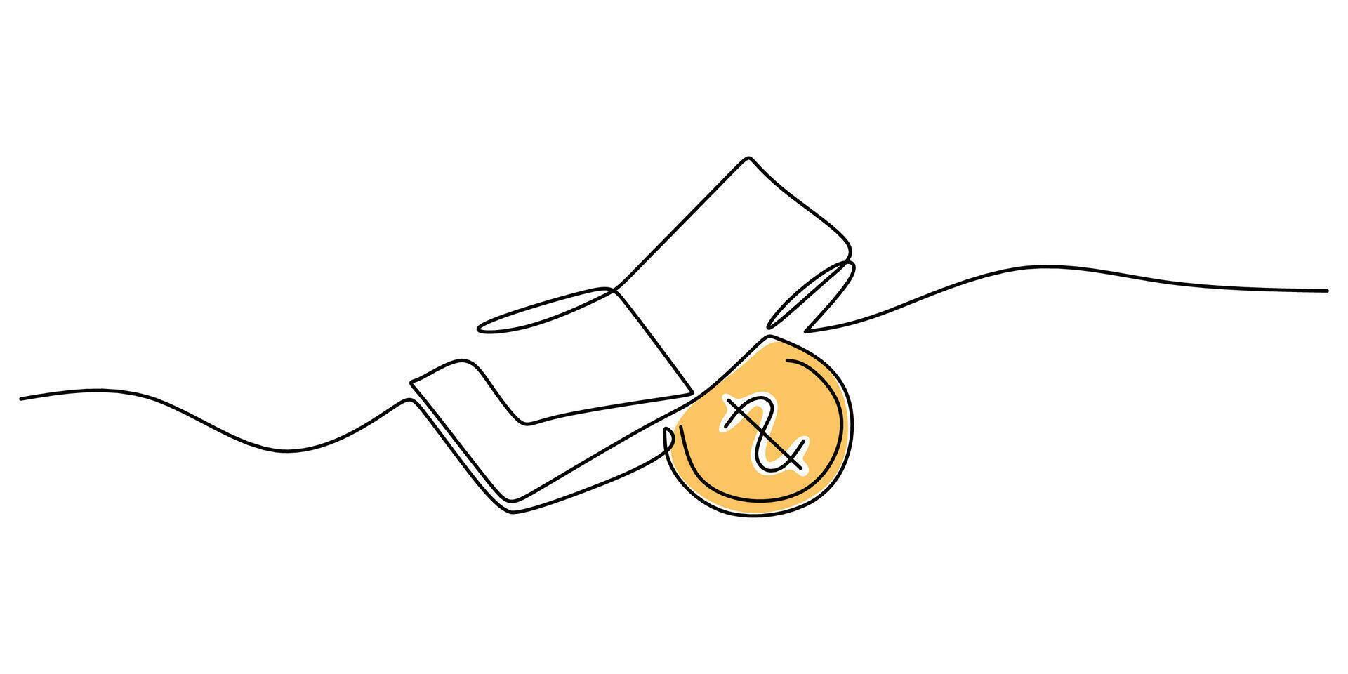 Wallet holding a dollar coin, drawn in a continuous line style to symbolize finance and money management. Minimalist art. vector