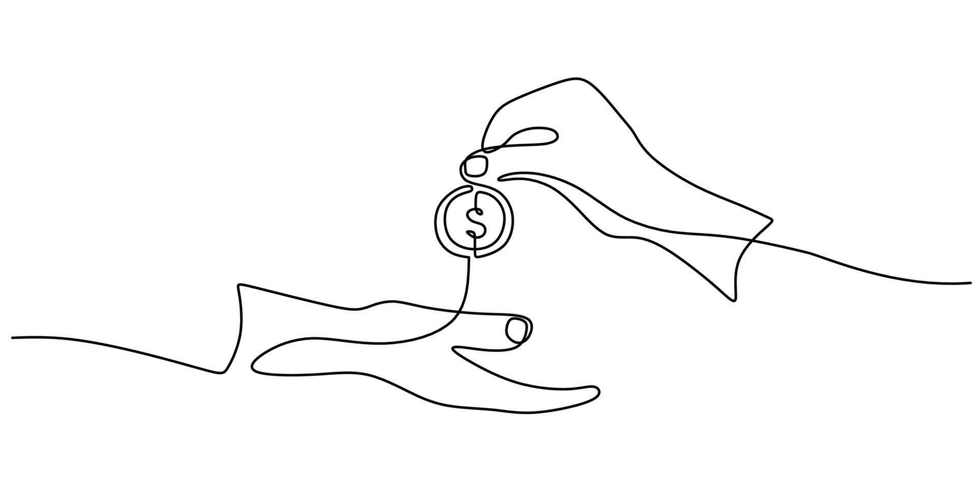Continuous Line Drawing of Hands Giving a Coin. Symbolizing Financial Exchange and Generosity vector