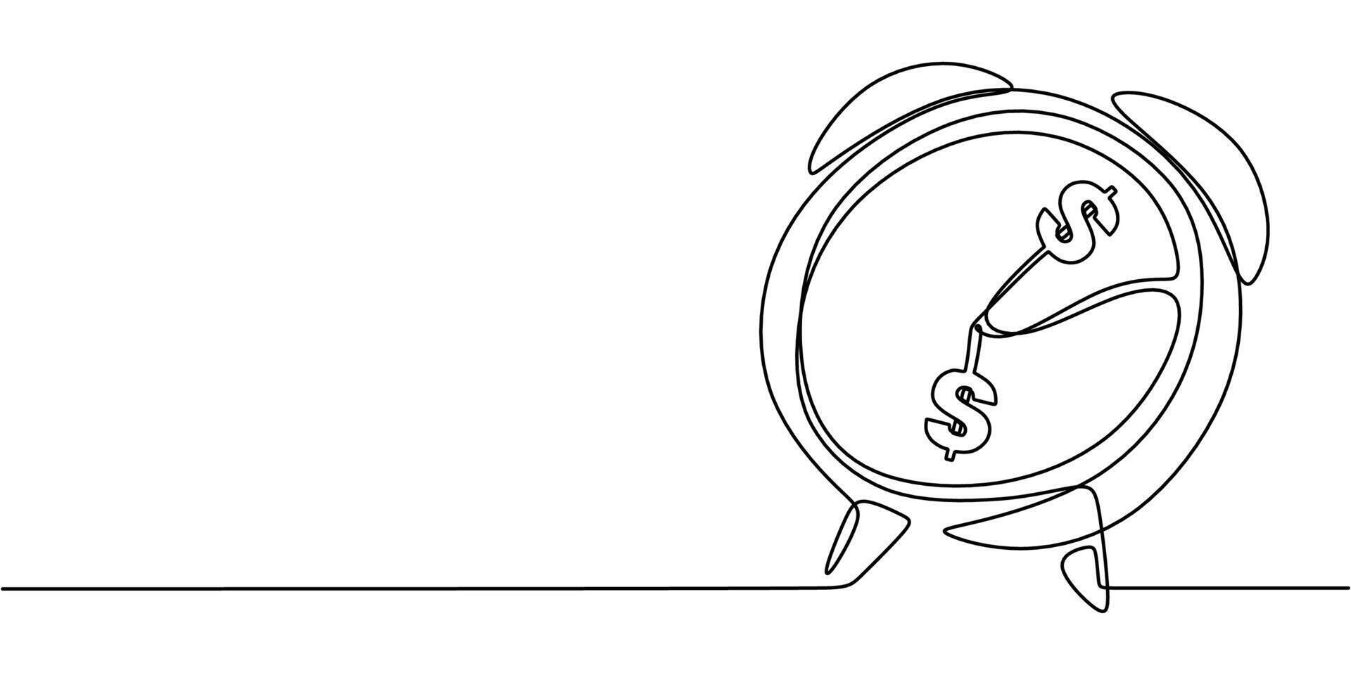 Continuous Line Drawing of Clock with Dollar Sign Pendulum. Time and Financial Connection vector