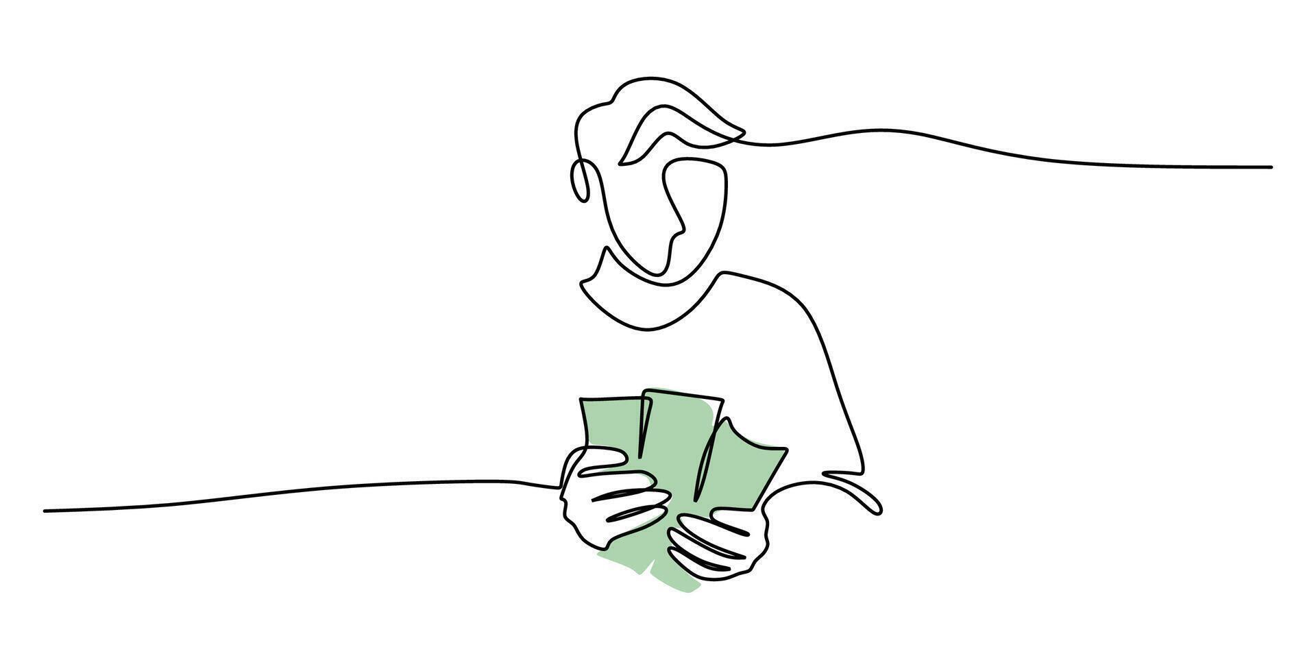 Person Counting Money. Financial Management and Handling Money. One Line Drawing vector
