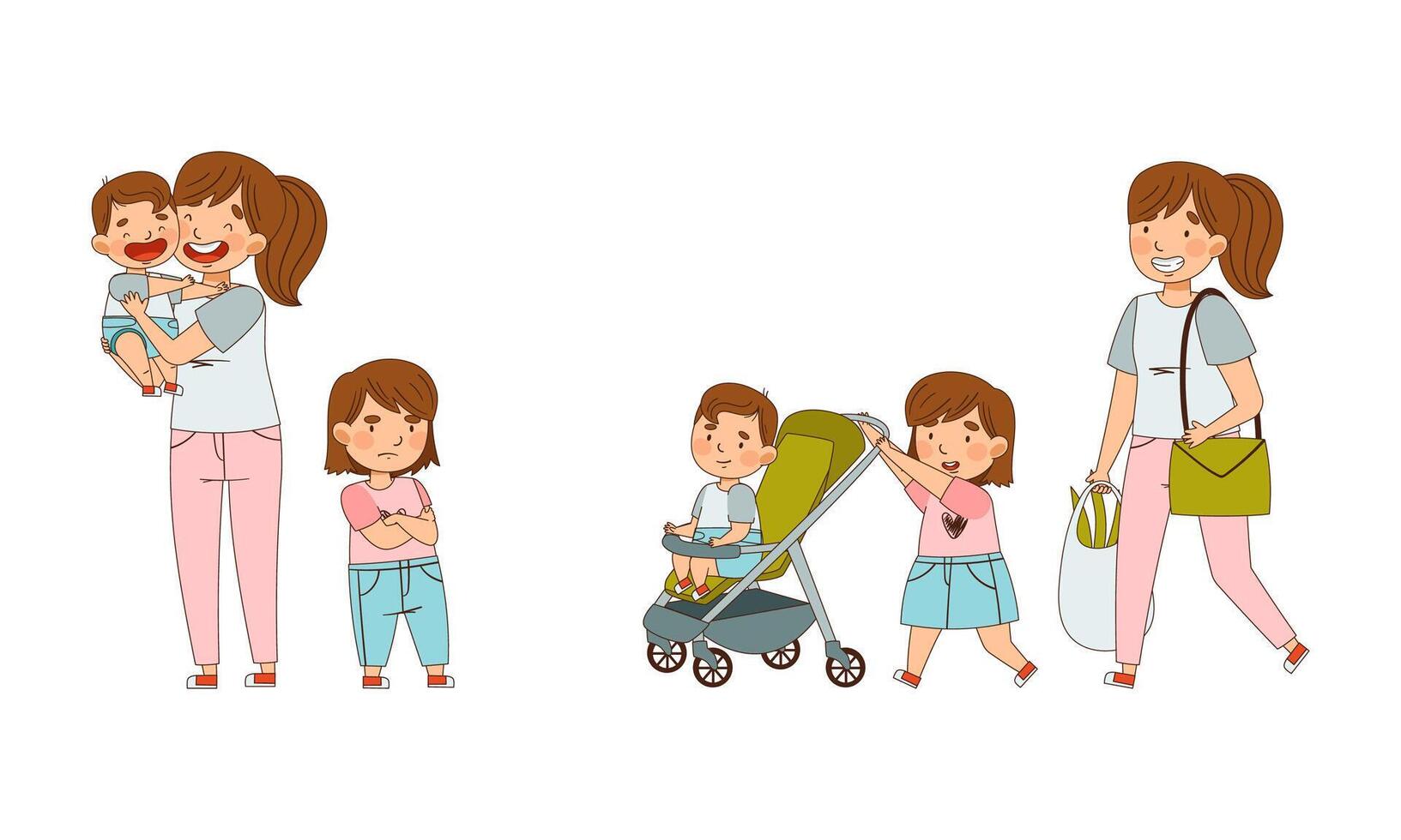 Family Relations with Jealous Sister Standing Near Mother and Pushing Baby Carriage Illustration Set vector