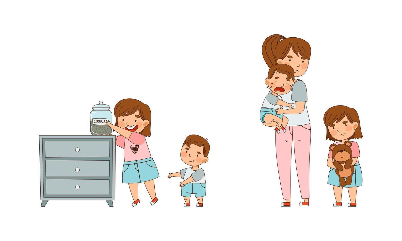 Sister Taking Jar with Cookies for Her Little Brother and Mother Soothing Crying Baby as Family Relations Illustration Set vector