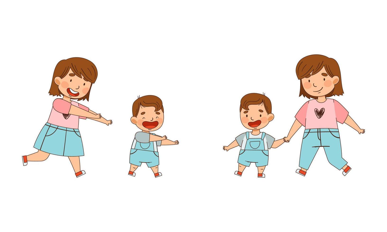 Sister Holding Her Little Brother by the Hand Walking and Chasing Him as Family Relations Illustration Set vector