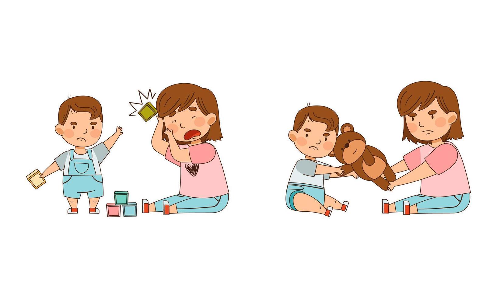 Warring Sister and Her Little Brother Pulling Teddy Bear Apart and Throwing Toy Cubes as Family Relations Illustration Set vector