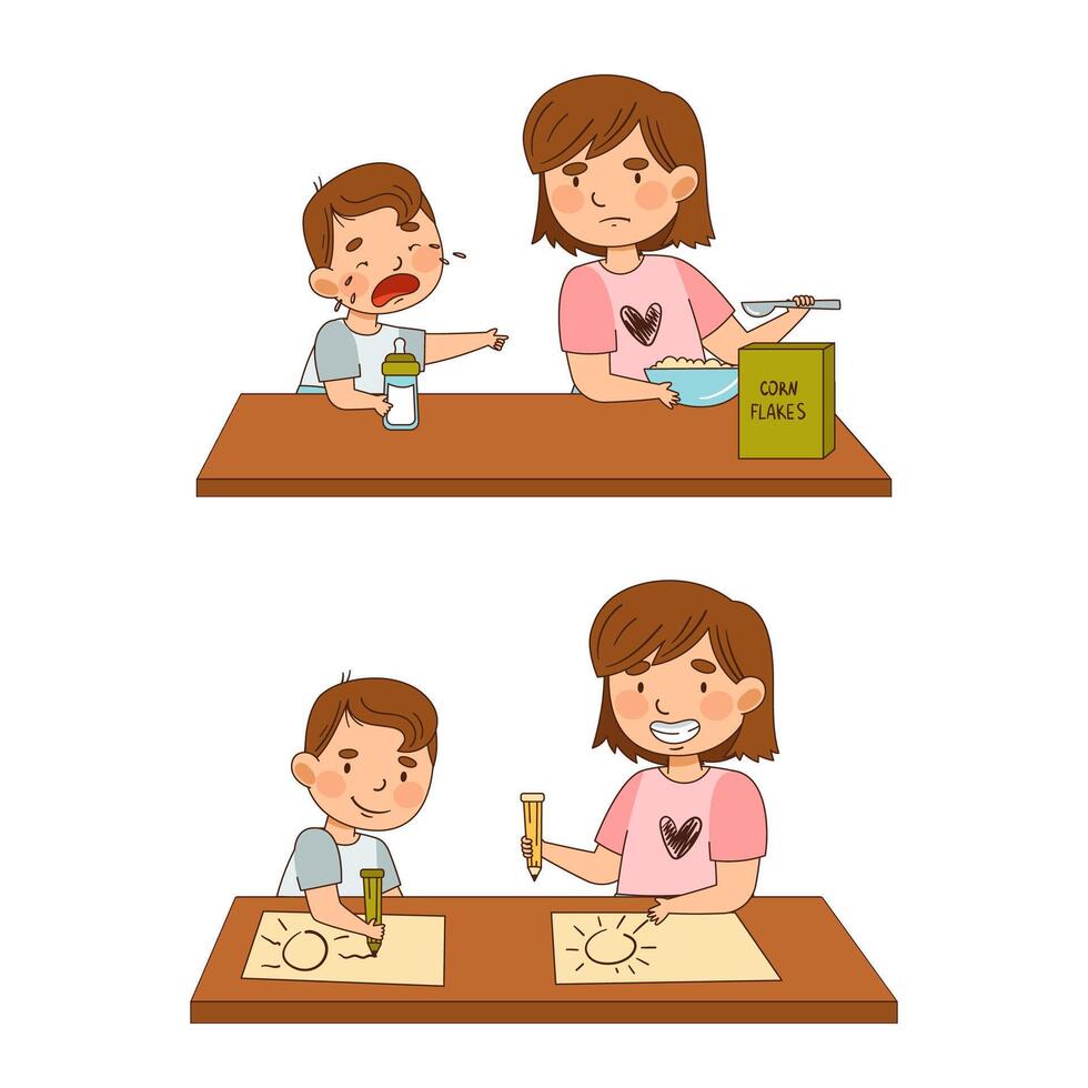 Sister with Her Little Brother at Table Drawing with Pencil and Eating Breakfast as Family Relations Illustration Set vector