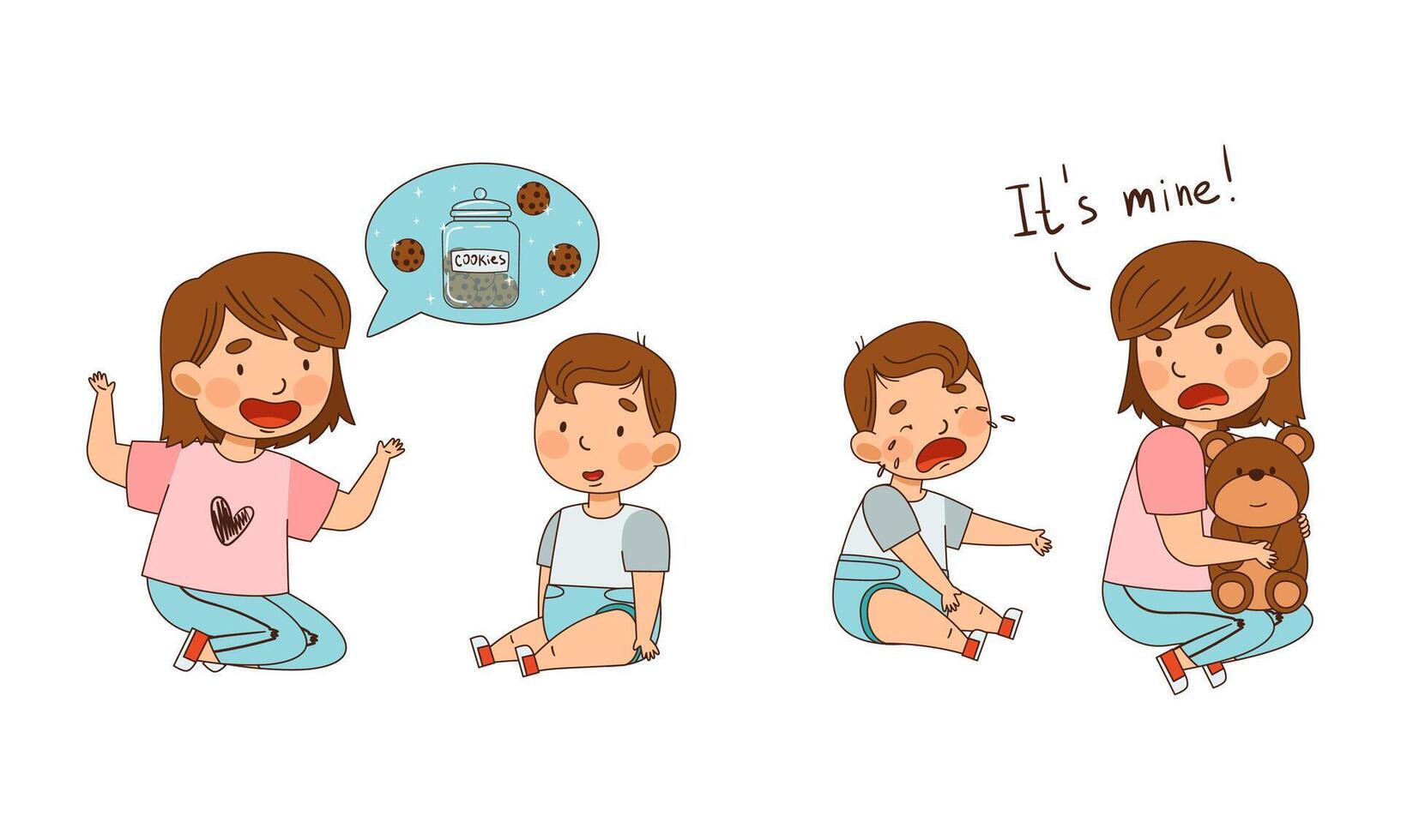 Warring Sister Grabbing Toy Teddy Bear from Her Little Crying Brother and Telling Him about Cookie as Family Relations Illustration Set vector