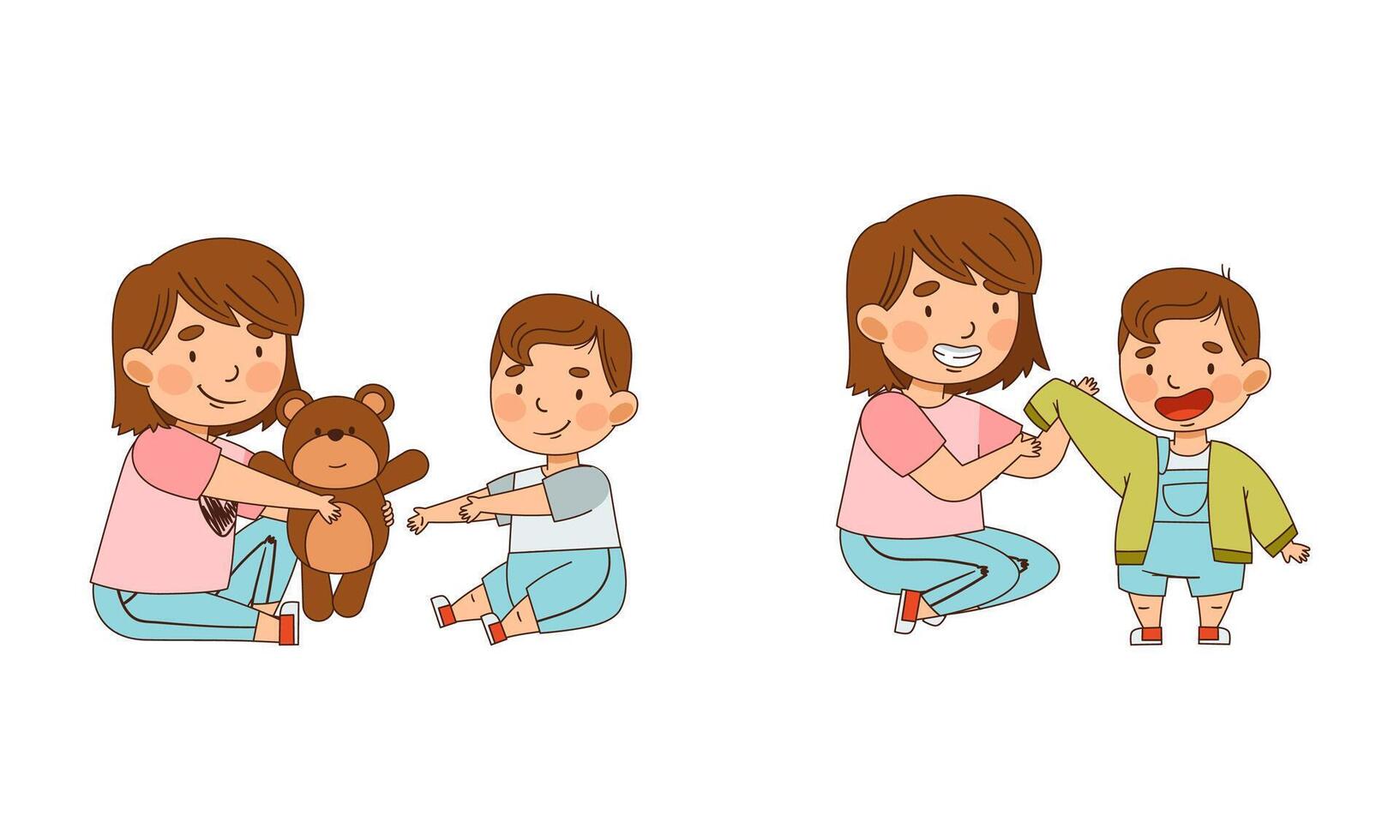 Sister Dressing Her Little Brother and Giving Him Teddy Bear as Family Relations Illustration Set vector