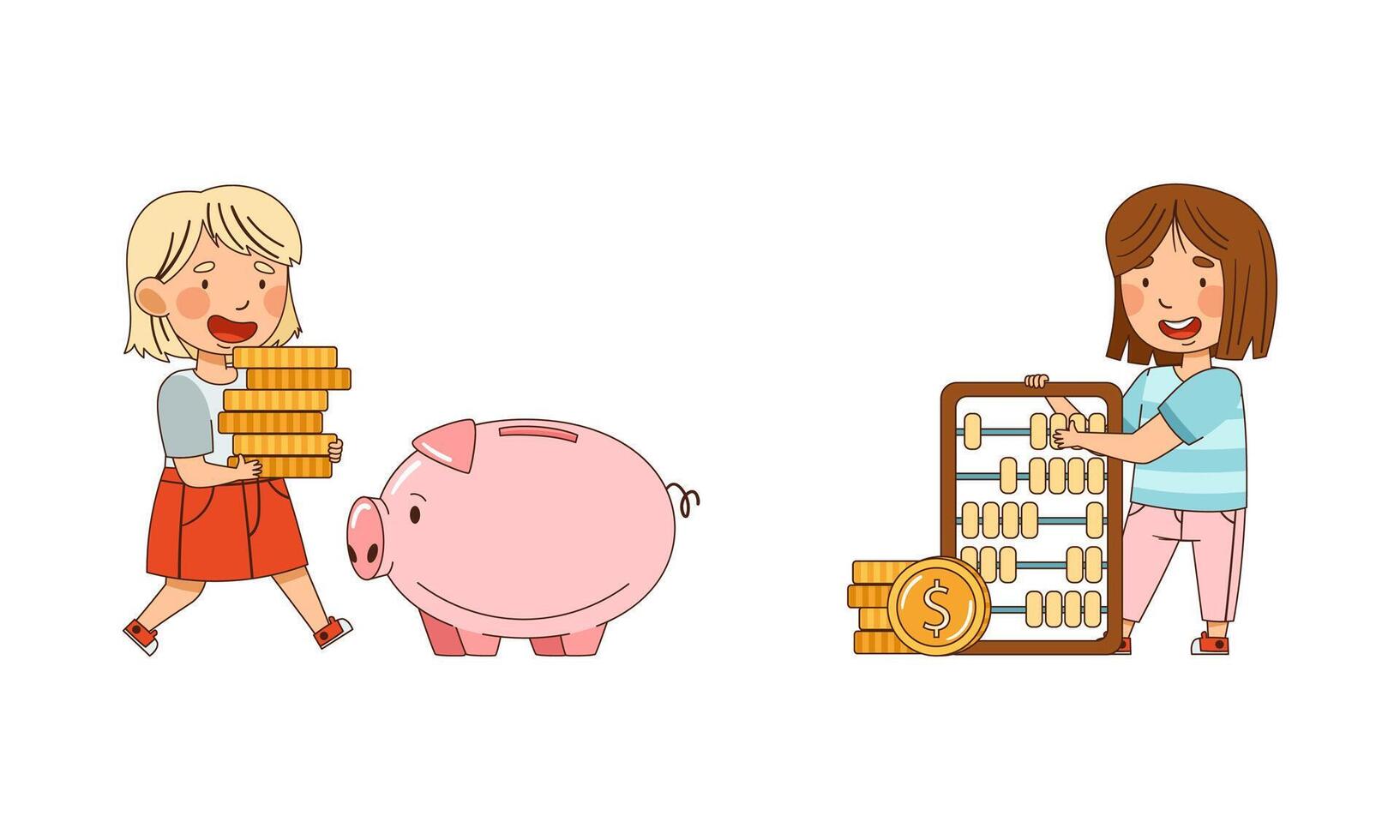 Little Girl with Dollar Coin and Piggy Bank Illustration Set vector