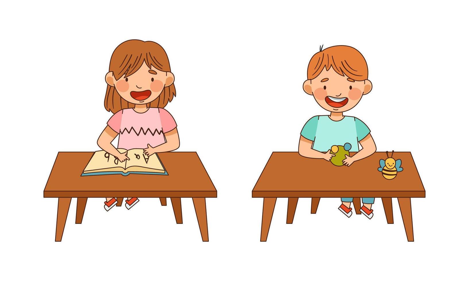 Little Boy and Girl in Kindergarden at Table Learning Alphabet and Modeling from Plasticine Illustration Set vector