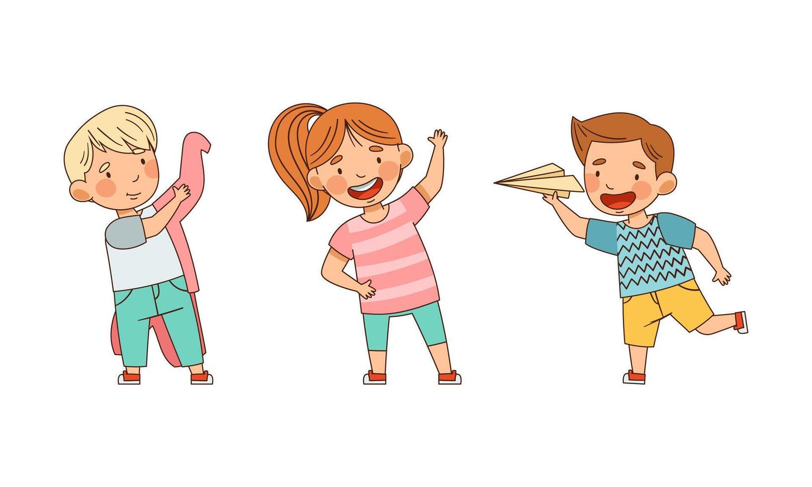 Little Boy and Girl in Kindergarden Playing Toy Paper Plane and Doing Physical Exercise Illustration Set vector