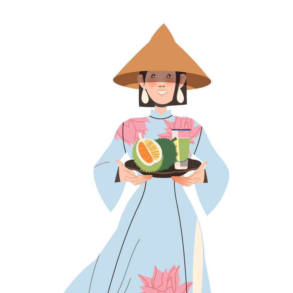 Gastronomic Tourism with Woman Character in Conical Hat Holding Authentic Vietnamese Fruit and Drink Illustration vector