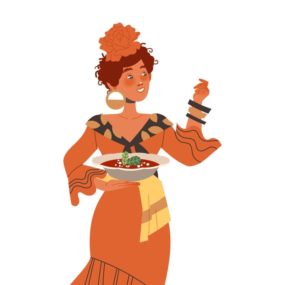 Gastronomic Tourism with Woman Character in Red Dress Holding Authentic Spanish Gaspacho Dish Illustration vector