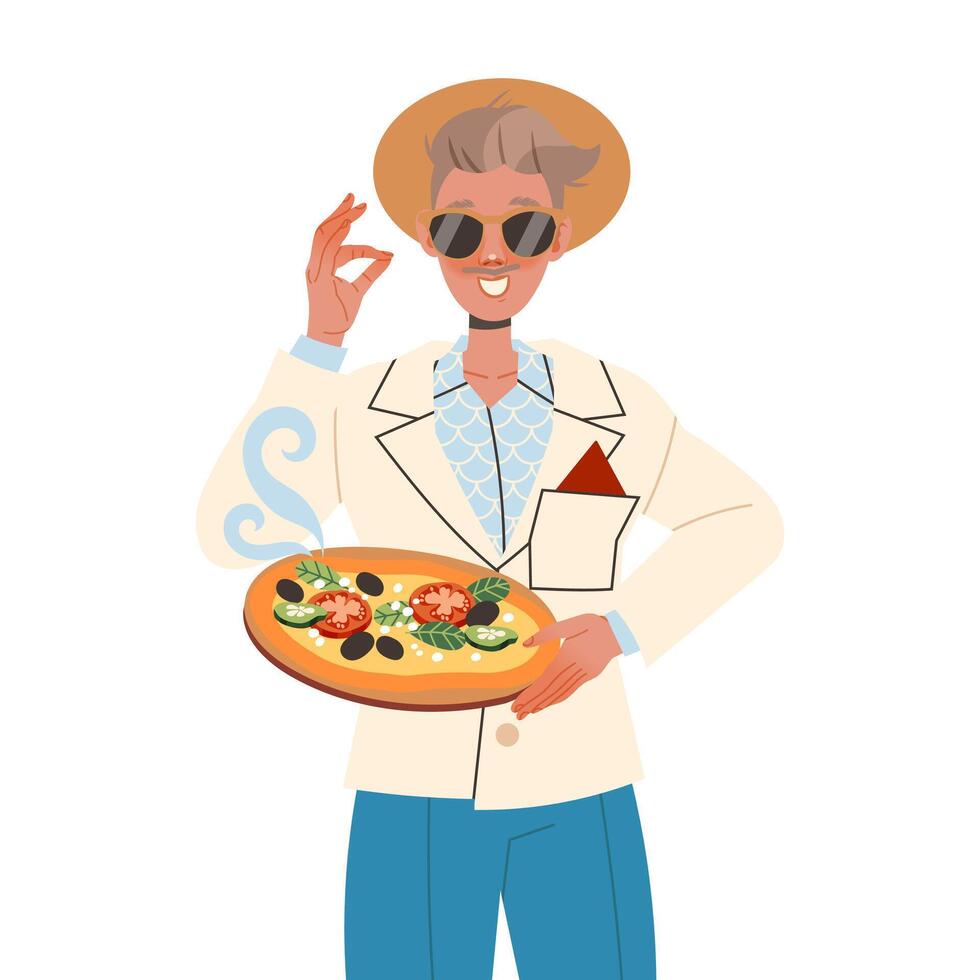 Gastronomic Tourism with Man Character in Sunglasses Holding Authentic Italian Pizza Dish Illustration vector