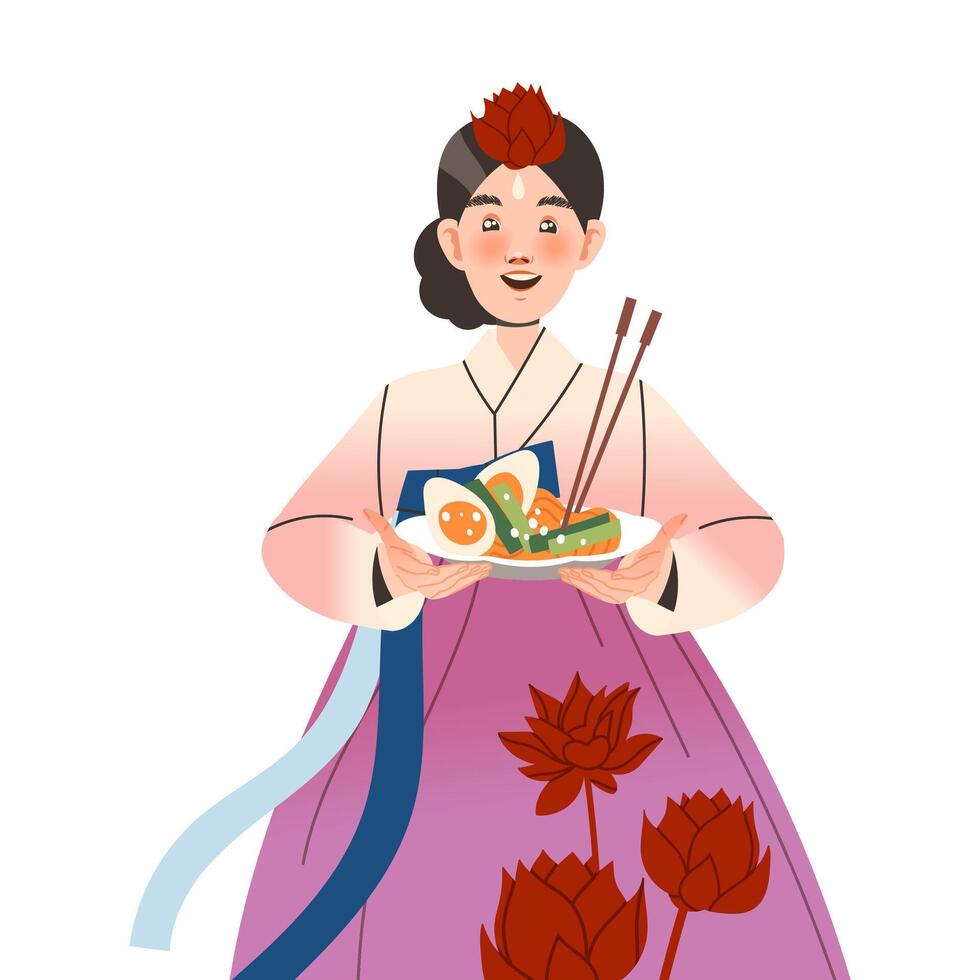 Gastronomic Tourism with Woman Character Holding Authentic Korean Dish with Noodles and Chopsticks Illustration vector