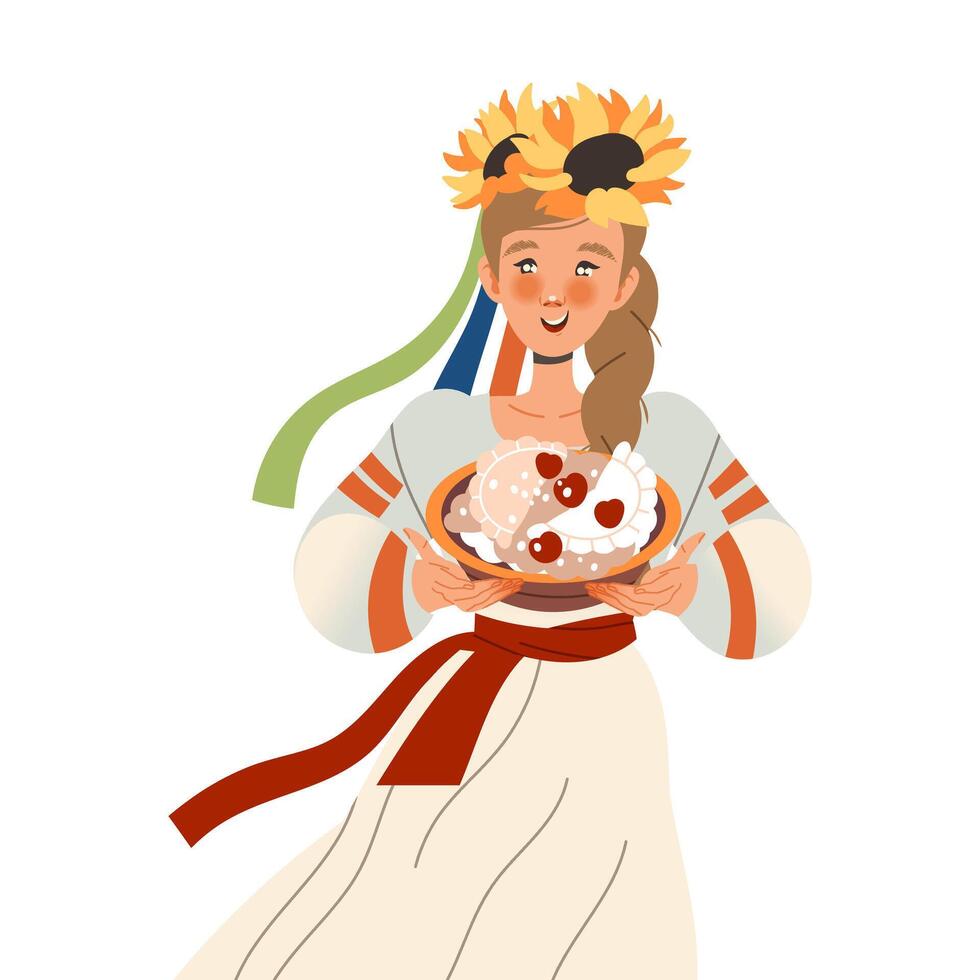 Gastronomic Tourism with Woman Character Holding Authentic Ukrainian or Russian Dish with Pirogi Illustration vector