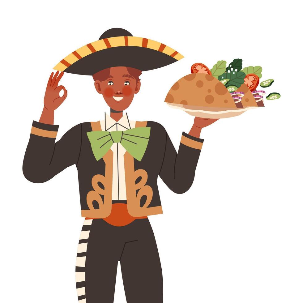 Gastronomic Tourism with Man Character in Sombrero Hat Holding Authentic Mexican Dish with Stuffed Tortilla Illustration vector