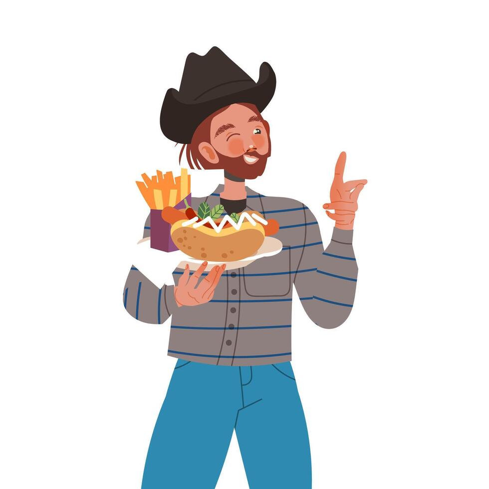 Gastronomic Tourism with Bearded Man Character in Cowboy Hat Holding Authentic American Dish with Hot Dog and French Fries Illustration vector