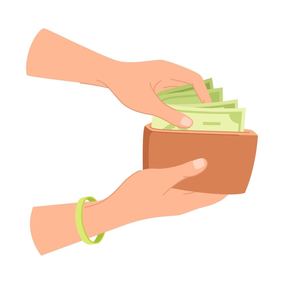 Hand Putting Green Dollar Banknote or Paper Money in Brown Wallet Illustration vector