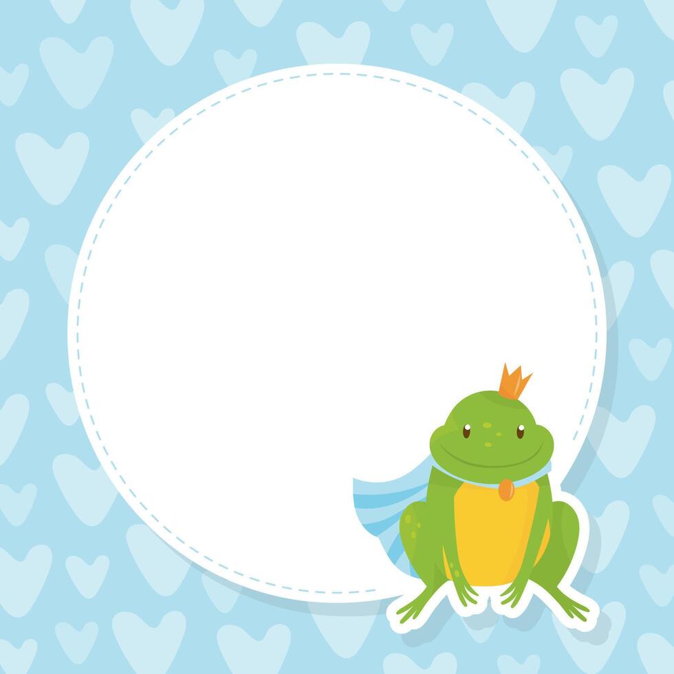 Cute little frog prince in golden crown with white blank sign board illustration vector
