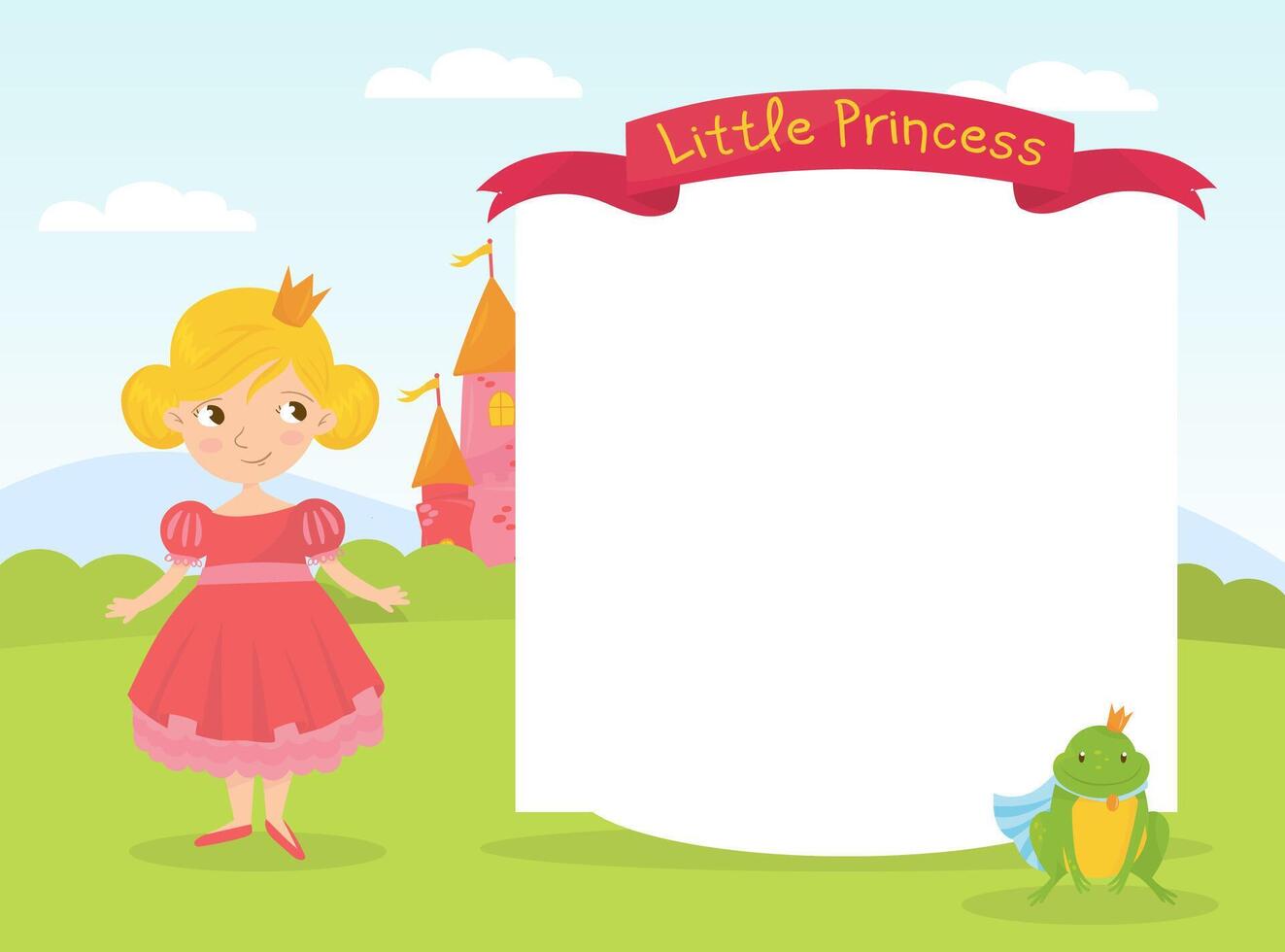 Cute little princess frame for photos, adorable girl with blank sign board illustration vector