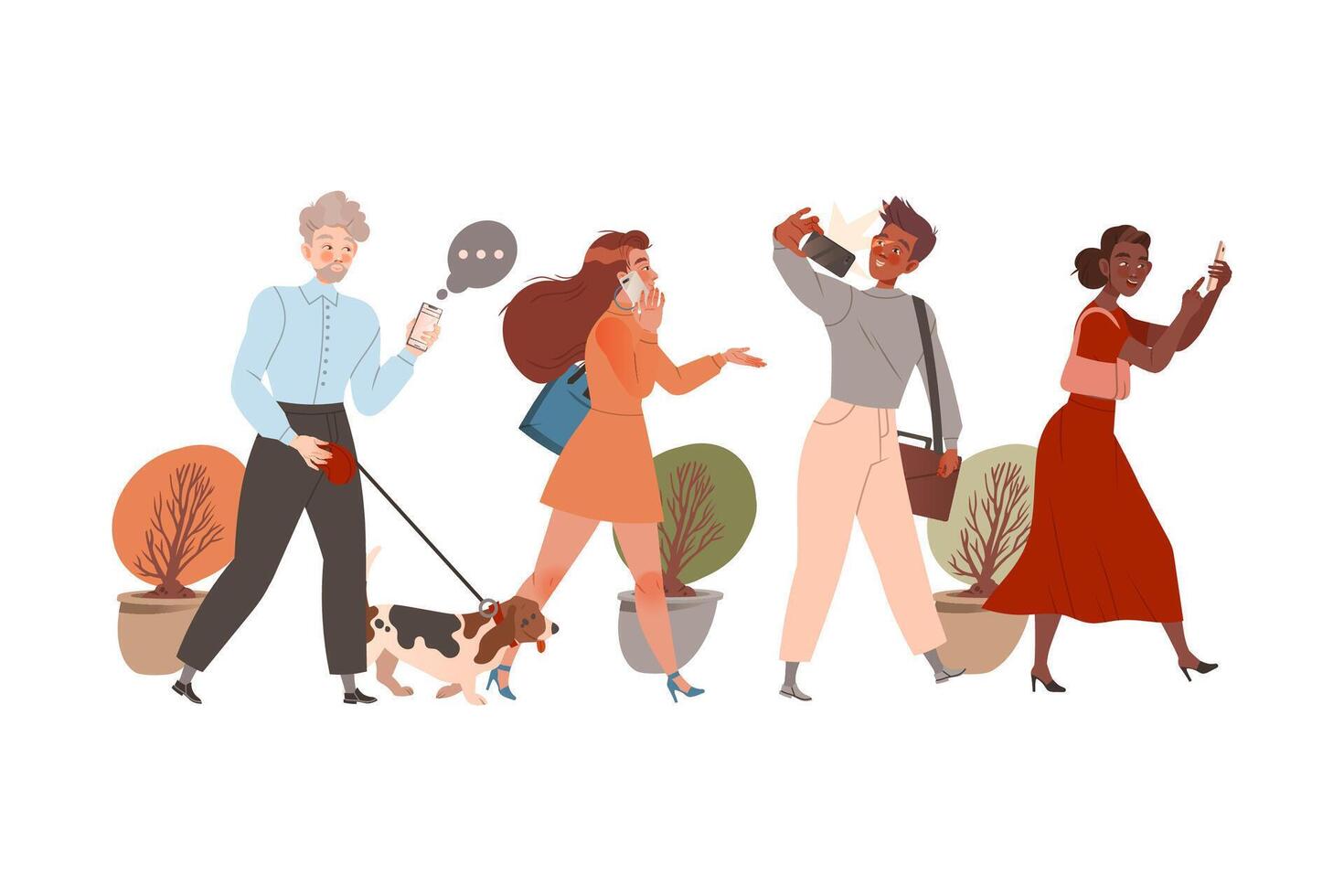 Young people walking on street using smartphones. Man and woman chatting, making selfie cartoon illustration vector