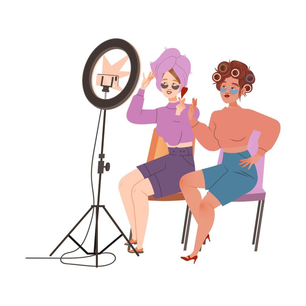 Two girls beauty bloggers broadcasting live at home studio with camera and ring light cartoon illustration vector