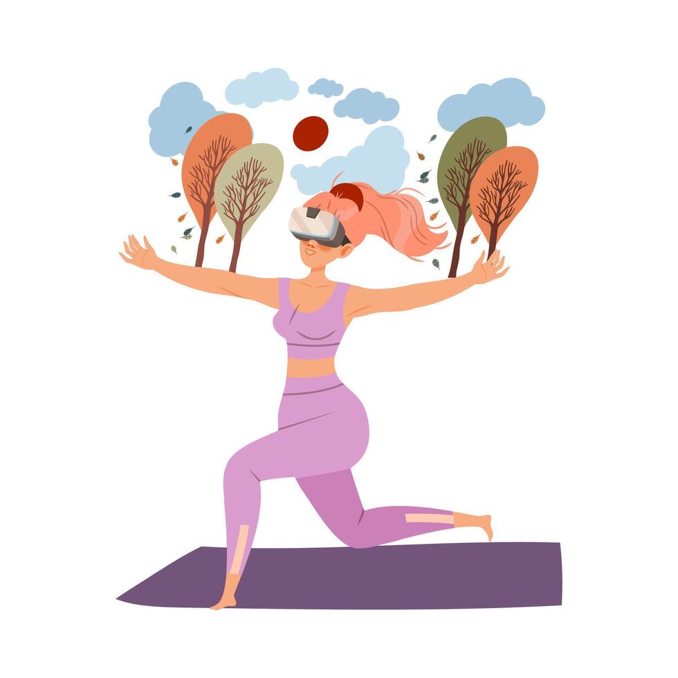 Girl doing yoga using virtual reality glasses. Woman using modern device cartoon illustration vector