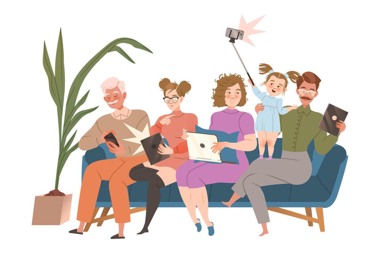 Young people sitting on couch using modern gadgets. Man and woman chatting, making selfie, reading cartoon illustration vector