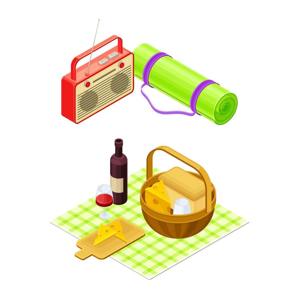 Wicker Basket on Checkered Tablecloth with Wine Bottle and Radio Receiver as Picnic Isometric Illustration Set vector