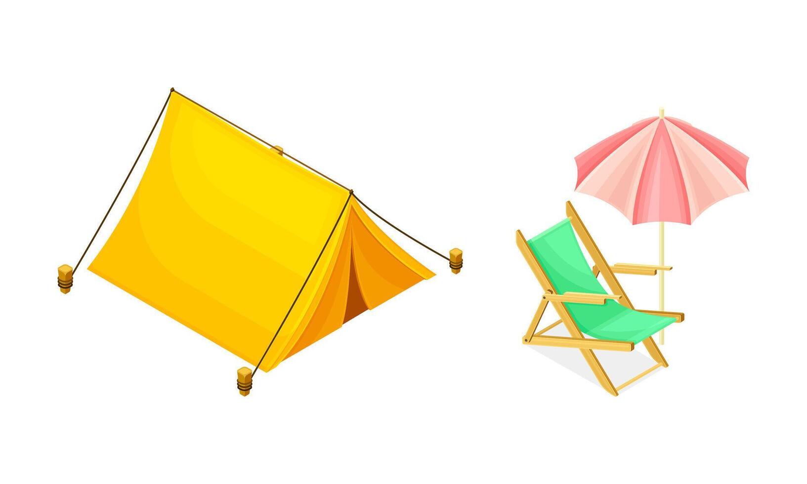 Camping Tent Attached to Wooden Poles and Deck Chair with Umbrella Isometric Illustration Set vector