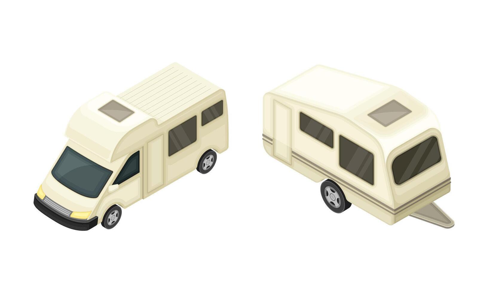 Camper Van or Travel Trailer as Home During Journey or Vacation Isometric Illustration Set vector