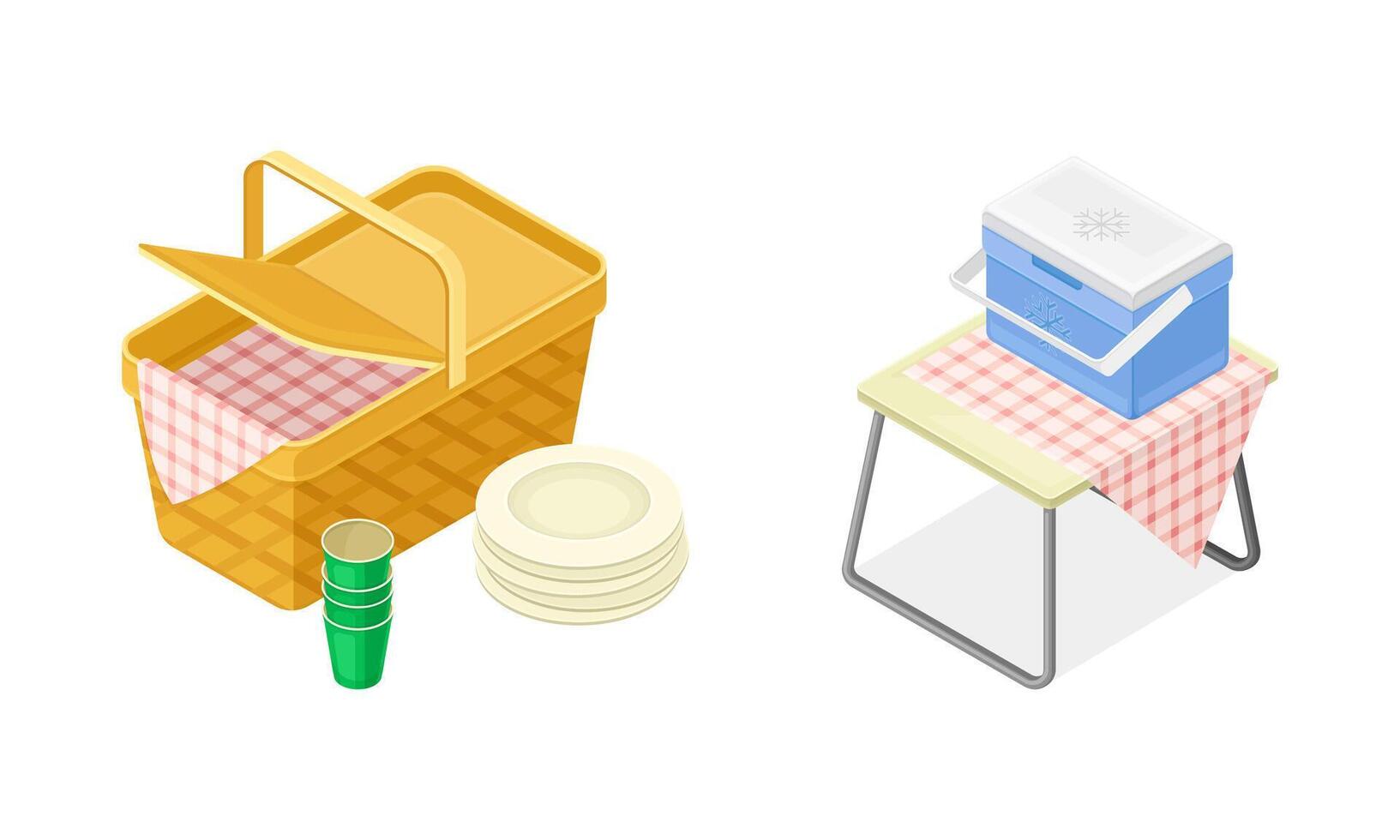 Hamper with Checkered Tablecloth and Stacked Plates and Refrigerator Box as Picnic Isometric Illustration Set vector