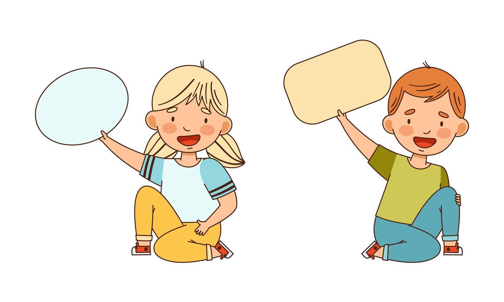 Little Boy and Girl Sitting and Holding Empty Plaque Illustration Set vector