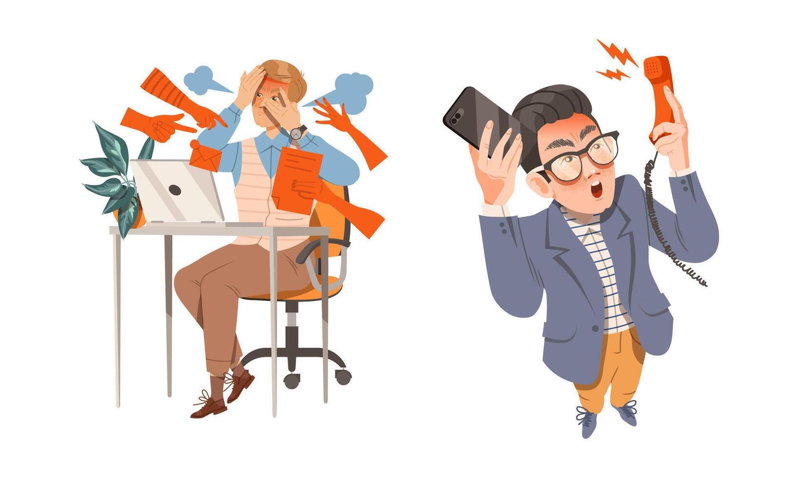 Male with Workload as Stressed out Office Employee Feeling Deadline Illustration Set vector