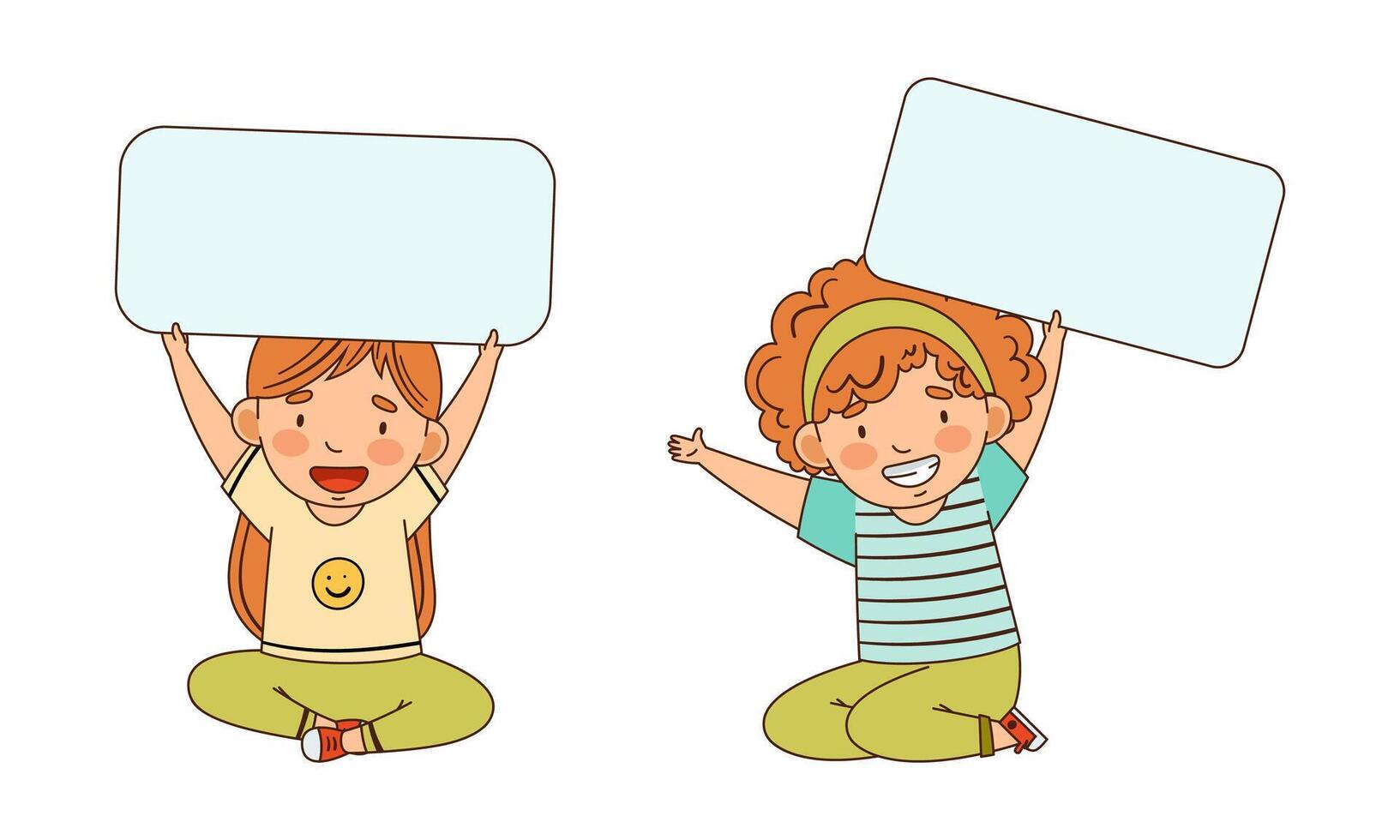 Little Girl Sitting and Holding Empty Plaque Illustration Set vector