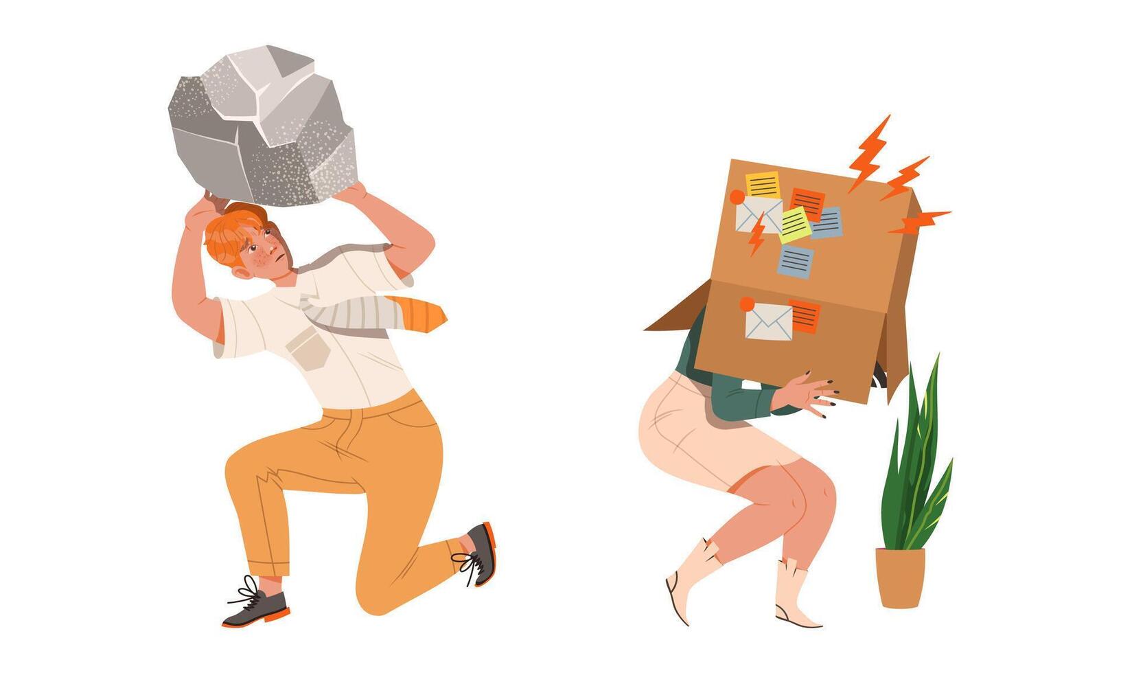 Male and Female Holding Heavy Load and Hiding Under Carton Box as Stressed out Office Employee Feeling Deadline Illustration Set vector