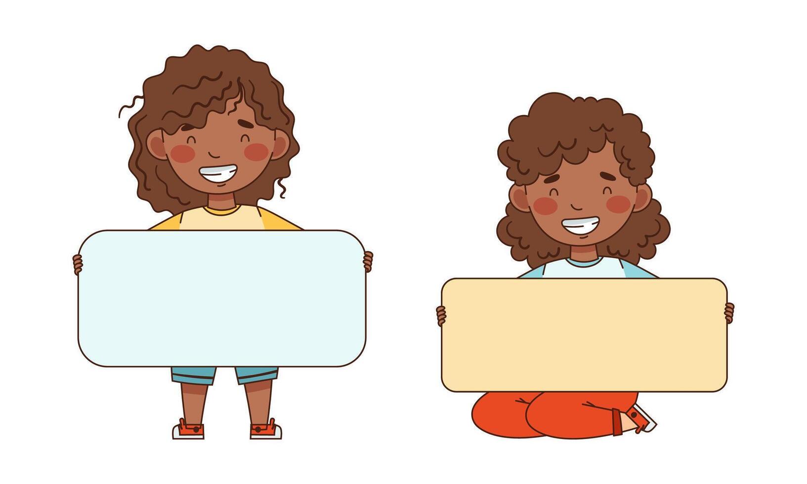 Little African American Girl Standing and Holding Empty Plaque Illustration Set vector