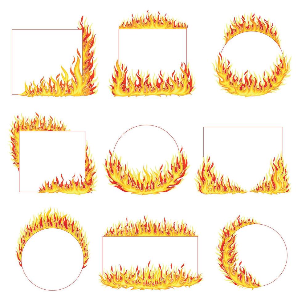 Fire Frame with Hot Burning Tongue of Flame and Shaped Border Set vector