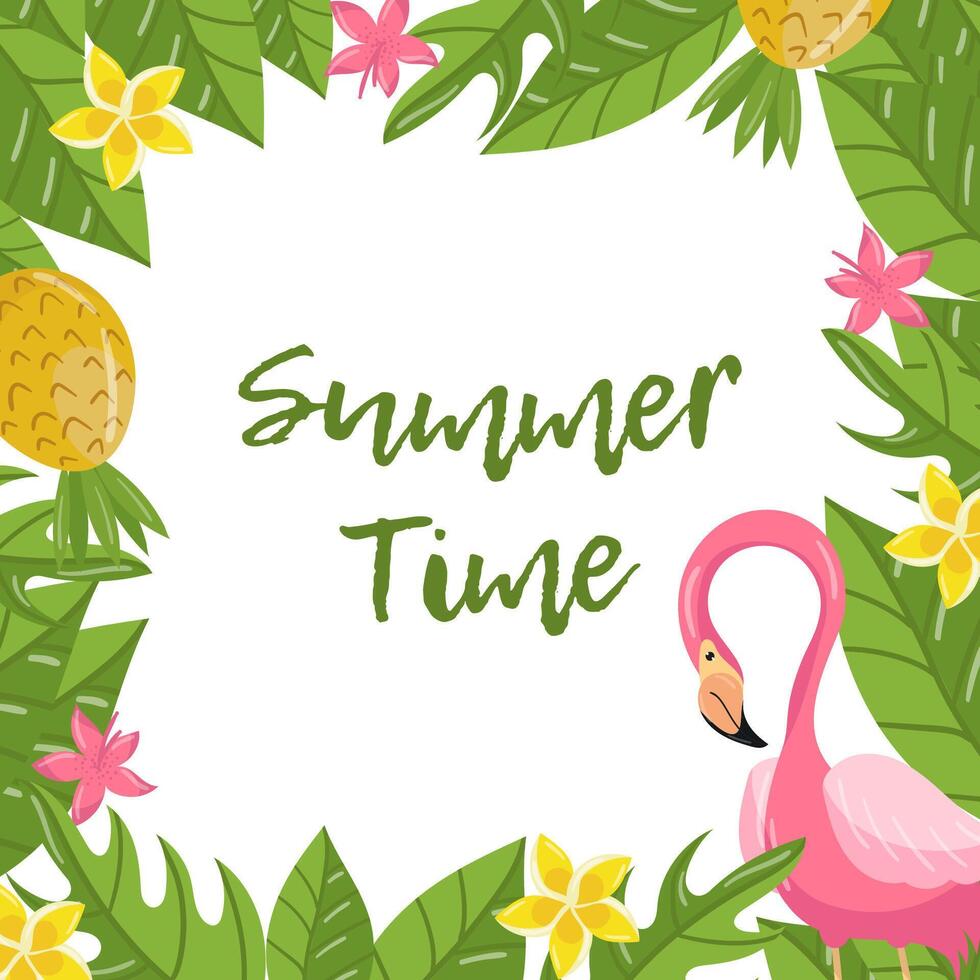 Summer time banner template with pink flamingo and green tropical leaves illustration vector
