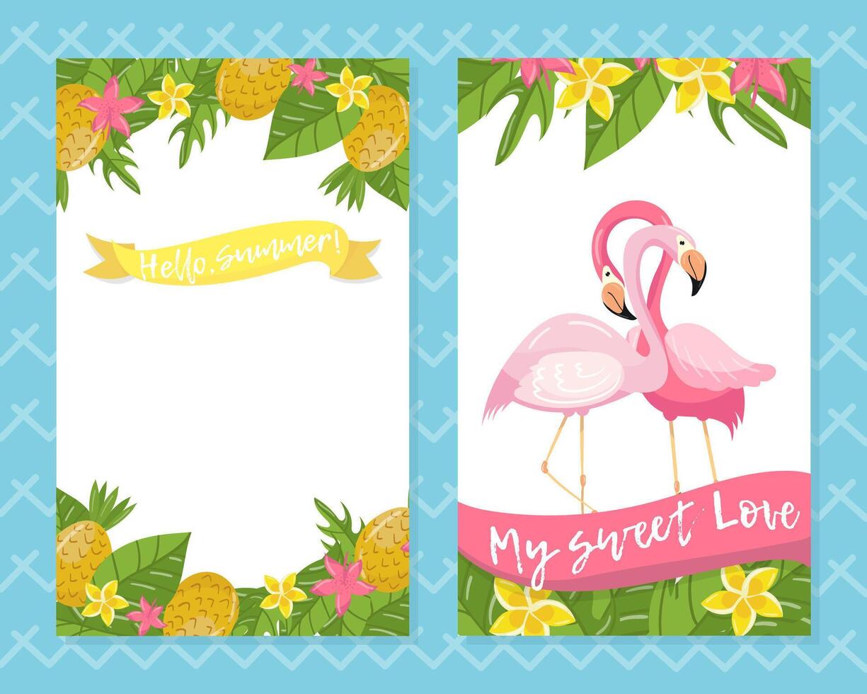 Hello summer card templates set. My sweet love banner with couple of flamingos and green tropical leaves illustration vector
