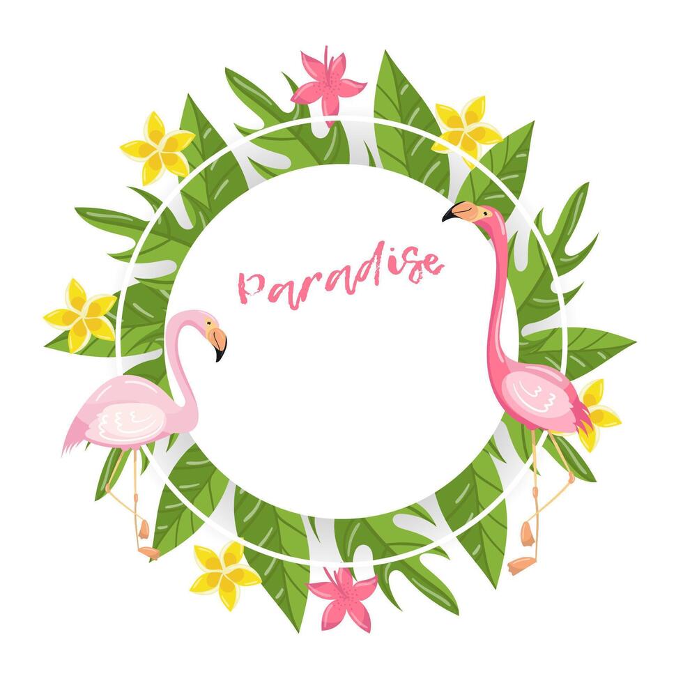 Paradise banner template with place for text, pink flamingo and green tropical leaves illustration vector