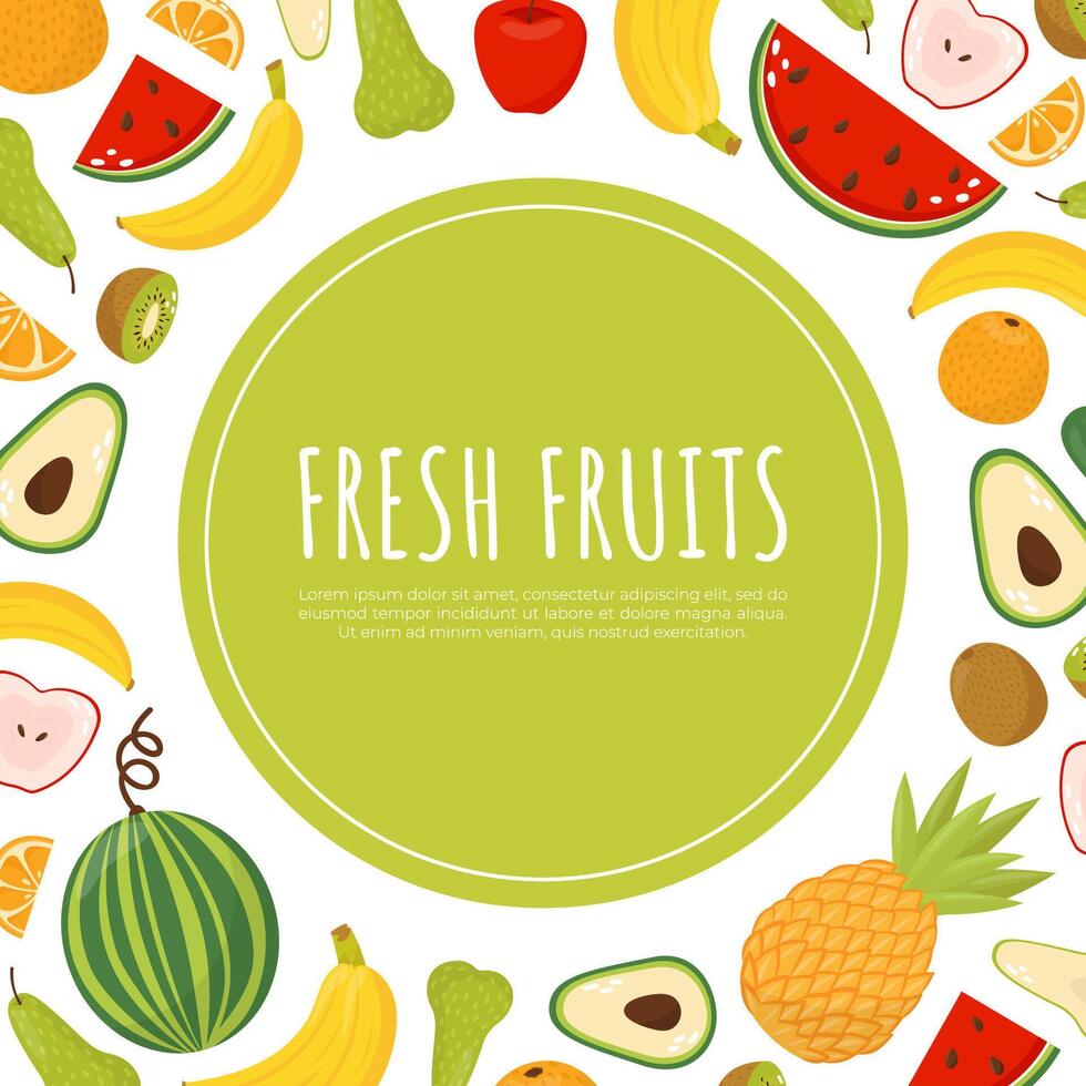 Fresh fruits banner template with ripe organic fruit and place for text illustration vector