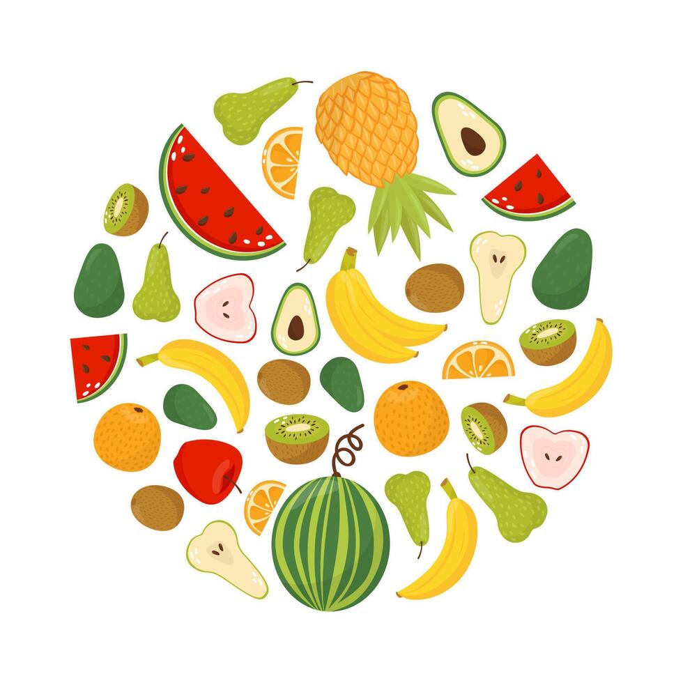 Fresh fruits in shape of circle. Ripe organic farm products banner, poster, card, template design illustration vector